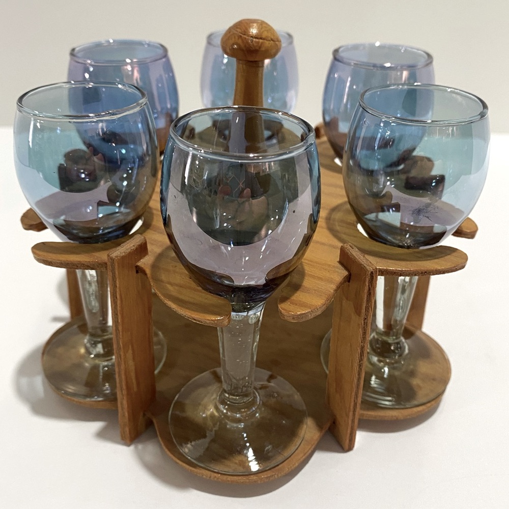 6 Vintage Cordial Liqueur Glasses Blue Lightweight Wood Stand Caddy Holder MCM